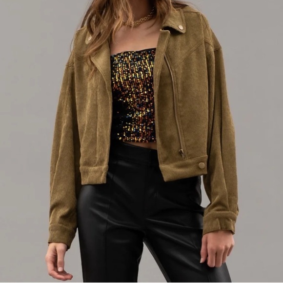 Mine M or L  Olive Green Corduroy Crop Bomber Jacket NWOT - Picture 3 of 17